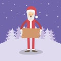 Violet winter landscape background with full body caricature of santa claus with a wooden sign Royalty Free Stock Photo