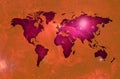 Violet World map over orange space.