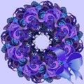 Violet wreath with painted peacock feathers, ribbon and bow. Royalty Free Stock Photo