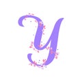 Violet Y letter with flowers, alphabet illustration on white