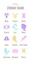 Violet, yellow, blue, pink pixel art zodiac sign icons