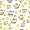 Violet and yellow teapot or coffeepot, lemon slice and cookie seamless pattern. Watercolor.