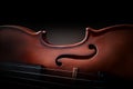 Violin body and strings detail with dark background