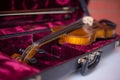 Violin and bow in dark red case. Royalty Free Stock Photo