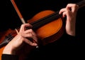 Violin and bow in hands of violinist, isolated on black Royalty Free Stock Photo
