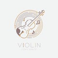 Violin, bow, music note with line staff circle shape logo icon outline stroke set dash line design illustration isolated on grey