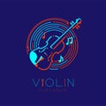 Violin, bow, music note with line staff circle shape logo icon outline stroke set dash line design illustration