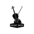 Violin. Bow. Music shop. Musical store label logo. Musical instrument. Vector.