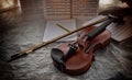 Violin and bow put beside  blank note sheet and book,prepare for practice Royalty Free Stock Photo