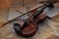 Violin and bow put beside  blank note sheet and book,prepare for practice Royalty Free Stock Photo