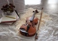 Violin and bow put beside opened book and blurred sheet note ,on grunge surface background Royalty Free Stock Photo