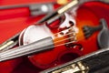 violin with bow in red velvet case Royalty Free Stock Photo