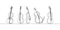 Violin, cello, bass viol set one line art. Continuous line drawing of musical, melody, violin, vintage, retro, symphonic