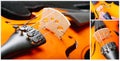 Violin closeup collage with three violin images Royalty Free Stock Photo