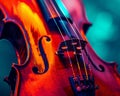 Violin closeup, vibrant colors dance on strings, high contrast , clean sharp focus Royalty Free Stock Photo