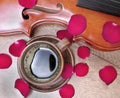 Violin and a cup of coffee. Coffee and rose petals. close up. top view Royalty Free Stock Photo