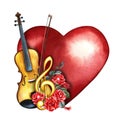 A violin decorated with red roses and a golden treble clef on a red heart. The watercolor illustration is hand-drawn