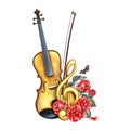 A violin decorated with red roses and a golden treble clef. The watercolor illustration is hand-drawn. For posters Royalty Free Stock Photo