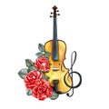 A violin decorated with red roses and a treble clef. The watercolor illustration is hand-drawn. For posters, flyers and