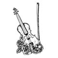 Violin decorated with roses, graphic vector black and white illustration. For posters, flyers and invitation cards. For