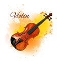 Violin detailed sketch, colored violin on paint splash background. Isolated on white VECTOR illustration with