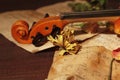 Violin, dried flowers and old sheet music on wooden background closeup Royalty Free Stock Photo