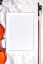 Violin or fiddle lying on the white silk background. String instrument