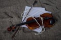 Violin, fiddlestick and bowtie, canvas background Royalty Free Stock Photo