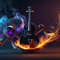 Violin on fire with smoke on dark background. 3d illustration generative AI