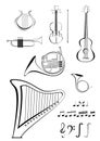 Violin, guitar, lyre, French horn, trumpet, harp a