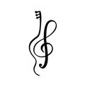 Violin, guitar and treble clef Music key abstract hand drawn vector logo and icon. Musical theme flat design template. Isolated on Royalty Free Stock Photo