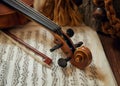 Violin head and bow on sheet music Royalty Free Stock Photo