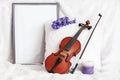 Violin, hyacinth, candle and photo frame with place for your text on the background of a white pillow and a soft cozy bedspread Royalty Free Stock Photo