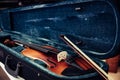 Wooden violin on its case. Blue velvet violin case at music store or shop Royalty Free Stock Photo