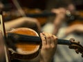 Violin in a large close-up - side view - Background - Symphony orchestra rehearsal - Wallpaper Royalty Free Stock Photo