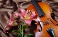 Violin and lily on a silk background Royalty Free Stock Photo