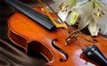 Violin and lily on a silk background. Royalty Free Stock Photo