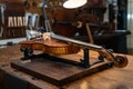 Violin after the luthiery under the lamps on a workshop with restoration tools on the walls Royalty Free Stock Photo