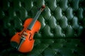 Violin on luxury green leather sofa Royalty Free Stock Photo