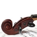 Violin with music sheet notes. Violin scroll Royalty Free Stock Photo