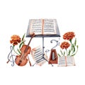 Violin, Music Stand, Sheet Music, Baton, Metronome, Treble and Bass Clef decorated with marigold flowers composition. Watercolor Royalty Free Stock Photo