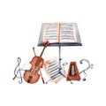 Violin, Music Stand, Sheet Music, Baton, Metronome, Treble and Bass Clef and Music Notes Classical music composition. Watercolor Royalty Free Stock Photo