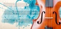 Violin and notes. Melody concept. Photo of old music sheet in blue watercolor paint. Classical music concept. Abstract blue waterc