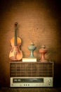 Violin and old radio in vintage style Royalty Free Stock Photo