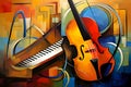 violin and piano on abstract colorful background, music art painting illustration