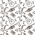 Violin and pipe, saxophone and piano, musical instruments seamless pattern Royalty Free Stock Photo