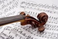 Violin scroll on sheet music Royalty Free Stock Photo