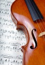 Violin on sheet music. close up. top view Royalty Free Stock Photo