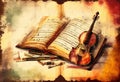 Violin and sheet music score book background with an abstract vintage distressed retro texture