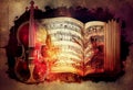 Violin and sheet music score book background with an abstract vintage distressed retro texture Royalty Free Stock Photo